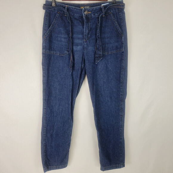Lee Womens Jeans 6 Blue Denim Linen Blend Mid Rise Slim Ankle Belted Dark Wash‎ - Picture 1 of 15